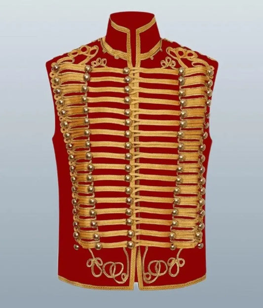 Men’s Red Sleeveless Military Drummer Parade Hussar Jacket Adam Luxe Vest