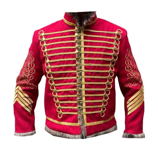 Men’s Red Military Uniform Napoleonic Tunic Pelisse Jimi Hendrix Hussar Jacket Men’s