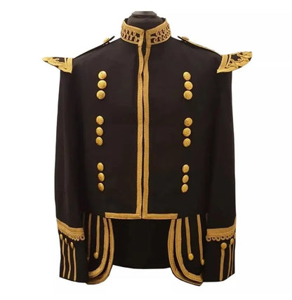 Men’s Scottish Highland Black Military Uniform Double kilt 100% Wool Drummer Piper Doublet