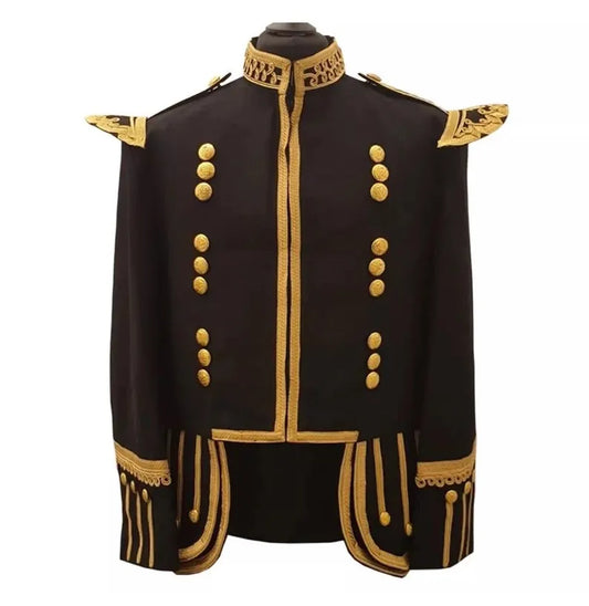 Men’s Scottish Highland Black Military Uniform Double kilt 100% Wool Drummer Piper Doublet